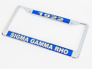 Sigma Gamma Rho Sorority, Incorporated vanity license plate cover. The design includes the Founding year 1922 (top) and Sigma Gamma Rho (bottom). The letters and numbers are gold w/ royal blue background. Metal Frame!
