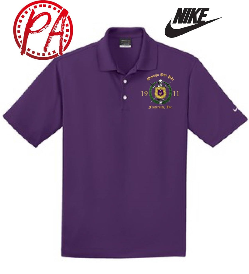 Omega Psi Phi Fraternity, Inc. performance Nike Dri-Fit Polo. The polo has the Omega Crest embroidered on the left upper chest with the Fraternity Name and Founding Year 1911 embroidered around the crest. On the nape of the neck is the Greek Omega letter. This is a premium, breathable polo that is a step above the typical cotton-based polo. Get one today.